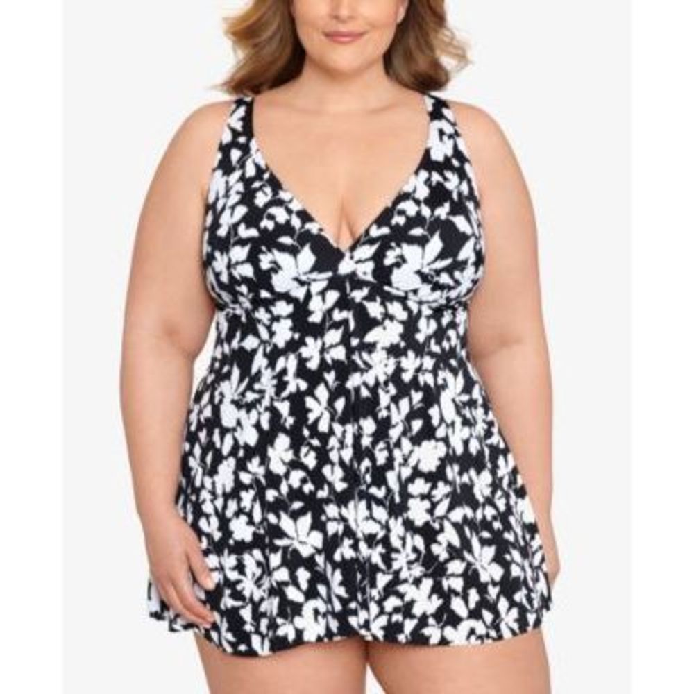 NWT Swim Solutions Printed Tummy-Control Flyaway Swimdress Opposites Attract
